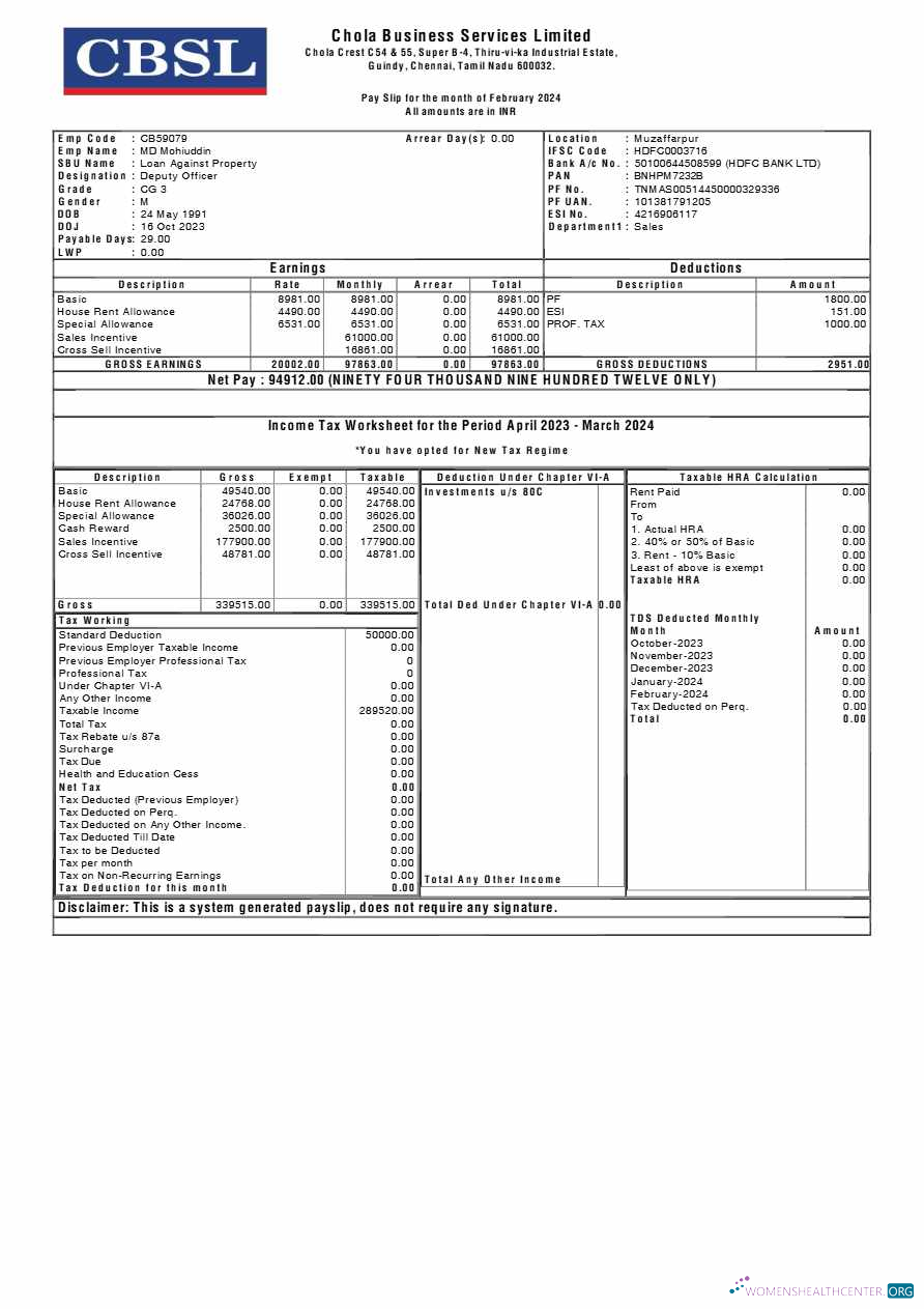 Download Chola Business Services payslip template in Word and PDF formats.pdf, 1 Photoshop template